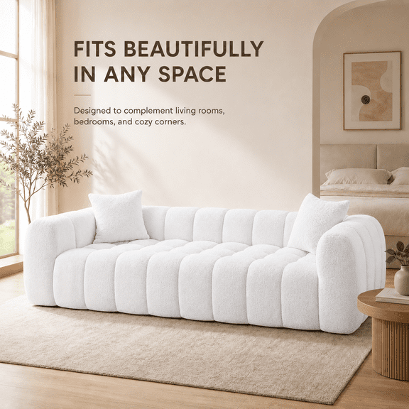 White Compressed Modular Sofa, 4-Seat Plush Boucle Couch, Deep Seat Cloud Comfort, Tufted Cushions, Rounded Armrests, No Assembly, Modern Living Room Sofa in a Box