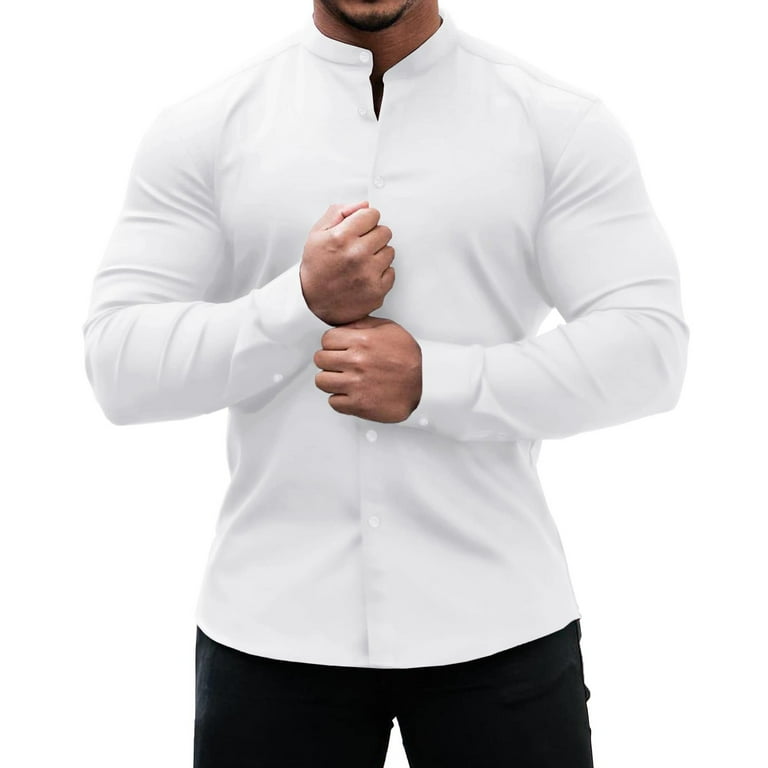 White Compression Shirts For Men Men Dress Shirts Slim Fit Stretch Banded Collar Long Short Sleeve Casual Button Down Shirt