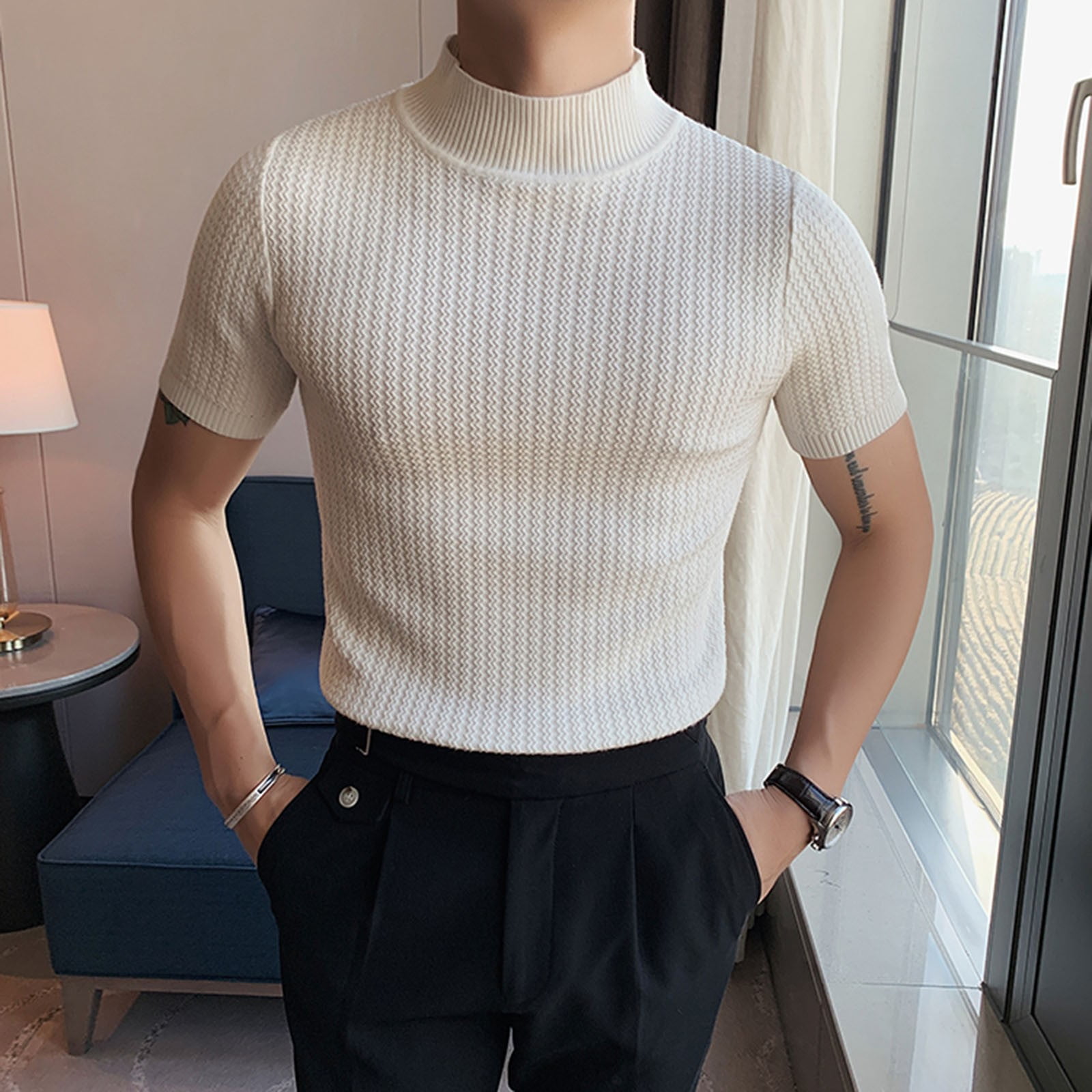 White Compression Shirts For Men Men Half Turtleneck Casual Fashion Knitted  Bottoming Shirt Tops Knitted Short Sleeve T Shirt Casual Comfortable Tee 