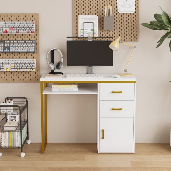 White Computer Desk with 2Drawers Cabinet Storage 38In Particleboard Top Rustproof Iron Frame Freestanding for Home Office Bedroom Space Saver Easy Assembly Modern Farmhouse Study Room Compact Table