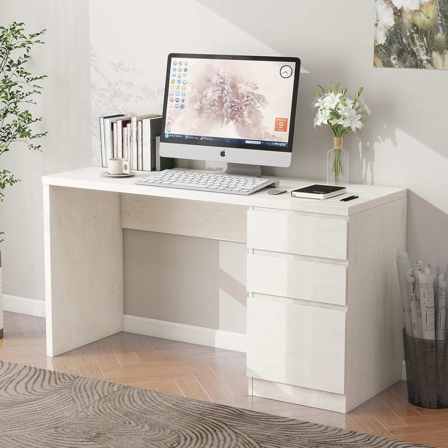 White Computer Desk with 3 Drawer - 53 Inch Wooden Home Office Writing Desk with Storage File Drawer, Modern Executive Desk for Bedroom, Living Room (White)