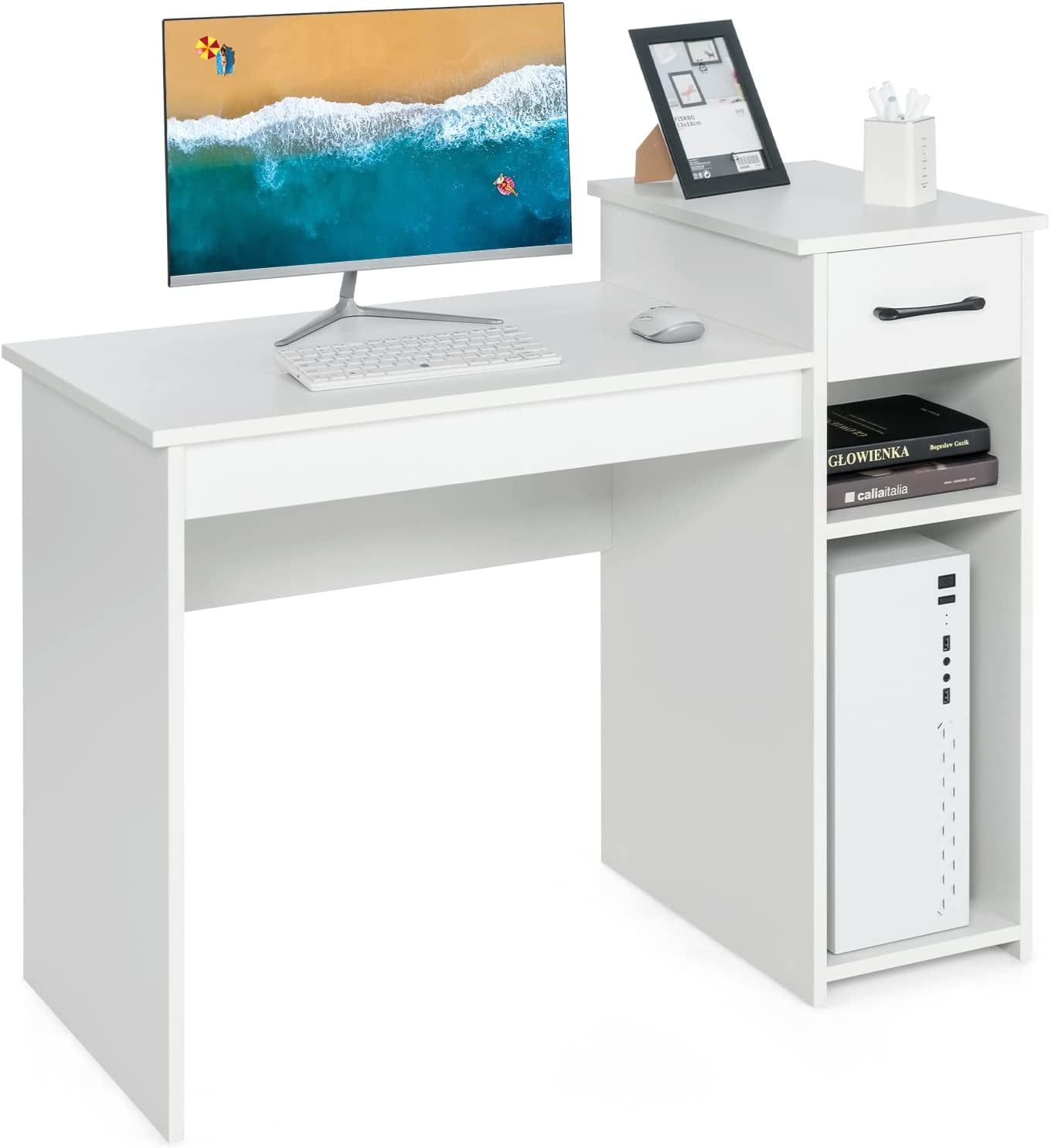 White Computer Desk 40" Study Writing Desk with Drawers and Printer