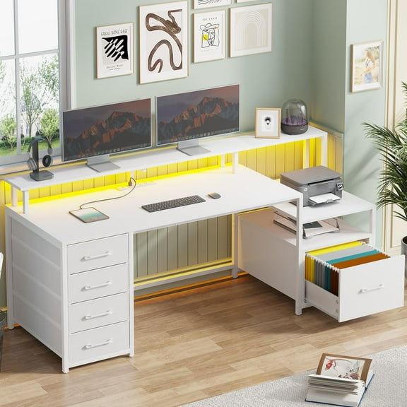 SEDETA White Computer Desk with 5 Drawer & Power Outlet & Monitor Shelf, Home Office Desk with File Drawer, Storage Shelves and Printer Cabinet, Gaming Desk with Led Lights