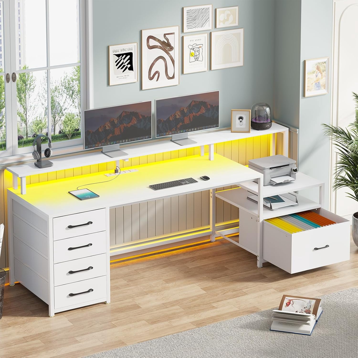 SEDETA White Computer Desk with 5 Drawer & Power Outlet & Monitor Shelf, Home Office Desk with File Drawer, Storage Shelves and Printer Cabinet, Gaming Desk with Led Lights