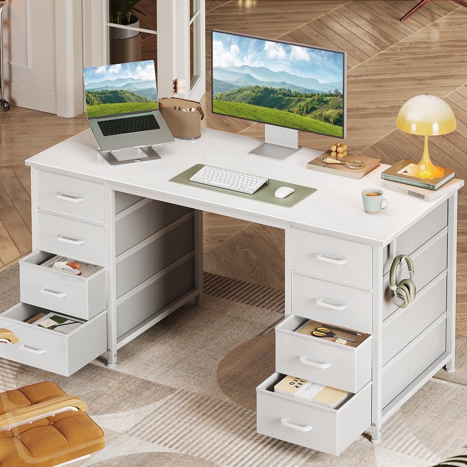 Walmart Black Friday Deals 2025 White Computer Desk with Drawers for Storage - 48 inch Home Office Desk with 8 Fabric Drawers, Writing Study Desk with Drawers on Both Sides for Bedroom