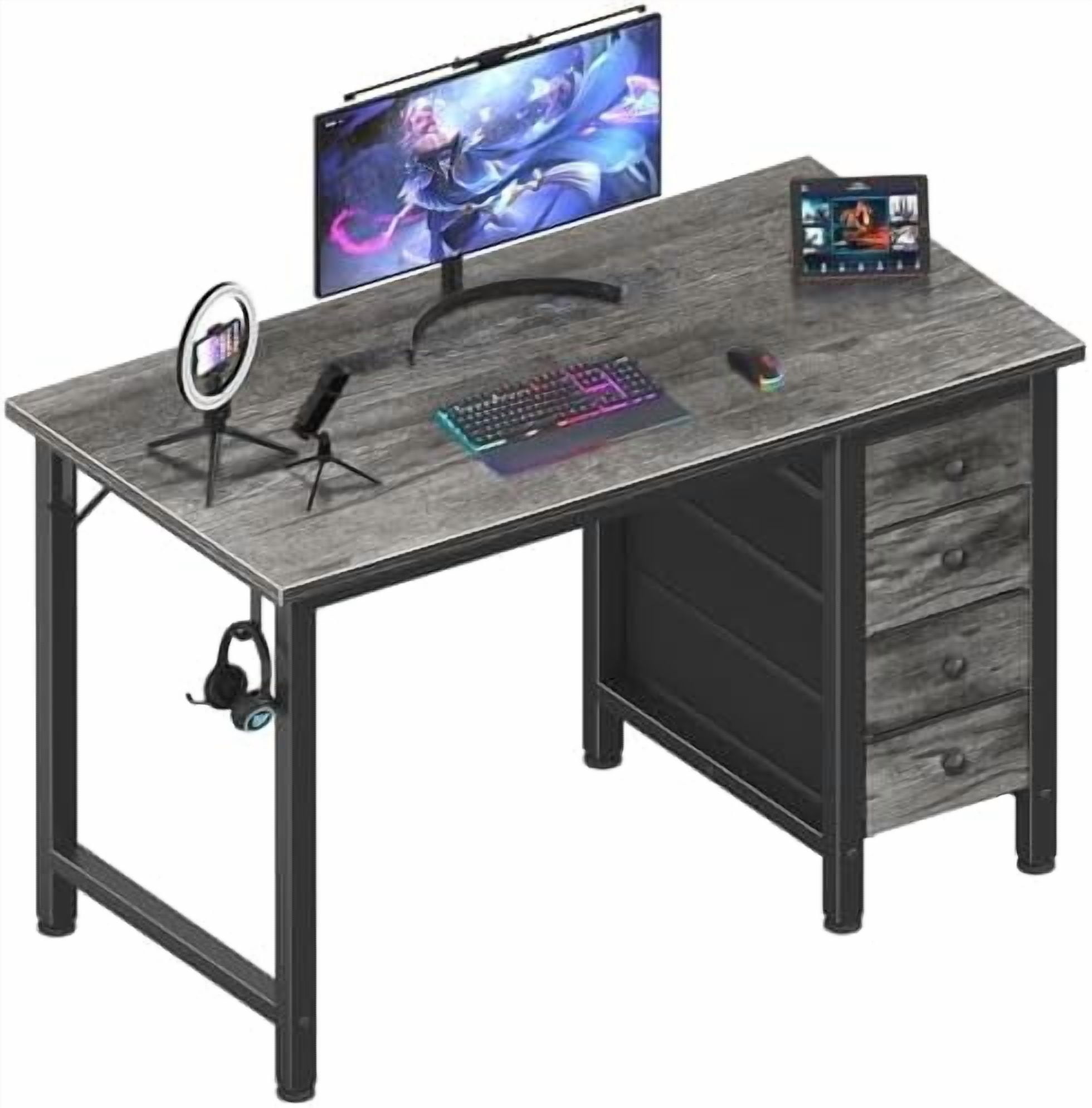 White Computer Desk with Fabric Drawers, 47 Inch Reversible Study Work ...