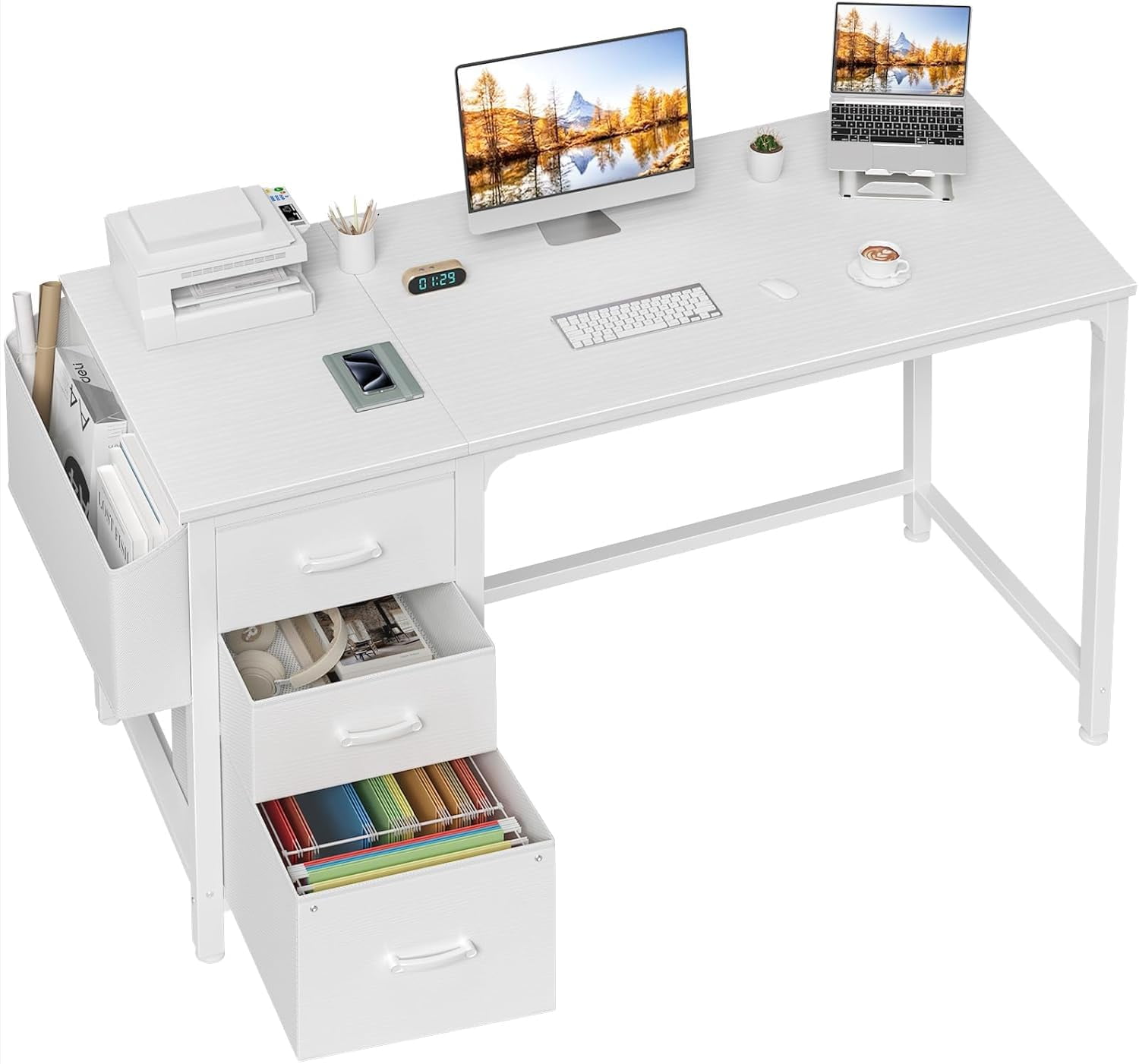 White Computer Desk with Fabric File Drawers Cabinet, 55 Inch Desks ...