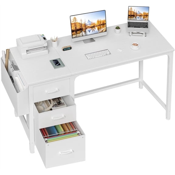 White Computer Desk with Fabric File Drawers Cabinet, 55 Inch Reversible Desks with Storage Filing Cabinet for Home Office, Modern Writing Table PC Desks for Bedroom, White