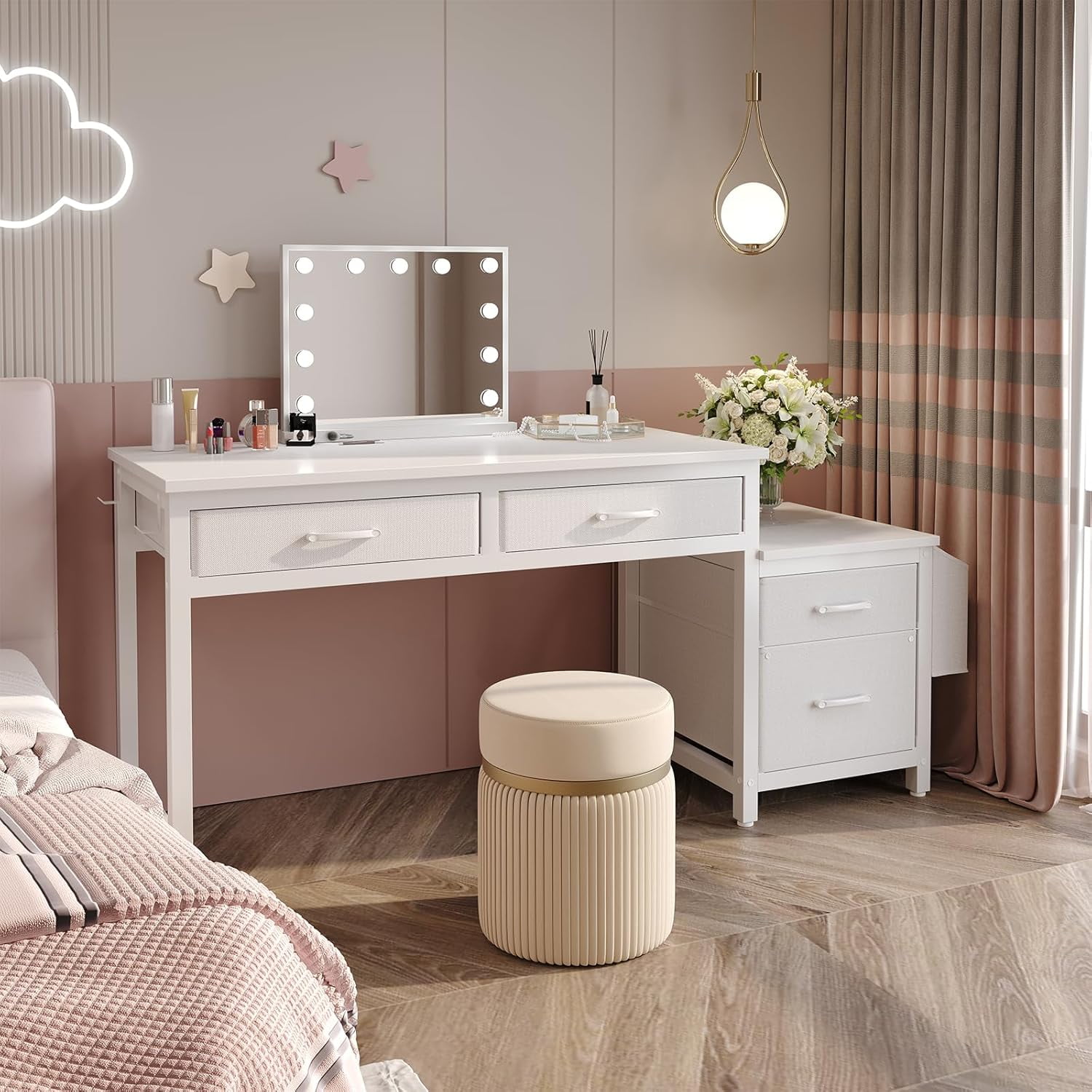 White Computer Desk with Fabric File Drawers Cabinet, 57 Inch Home ...