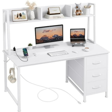 White Computer Desk with Hutch & Drawers - Office Desk with 3 Storage Drawers and Power Outlets, 47 Inch Modern Study Writing Desk for Bedroom Home Office