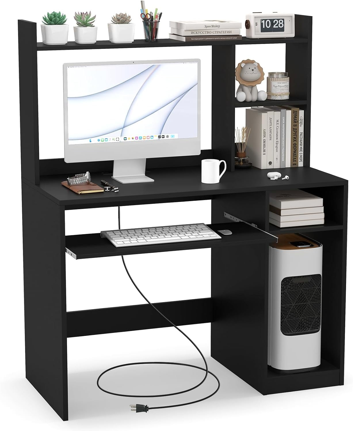 Computer Desk with Hutch, Wood PC Table w/Power Outlet, Keyboard Tray ...