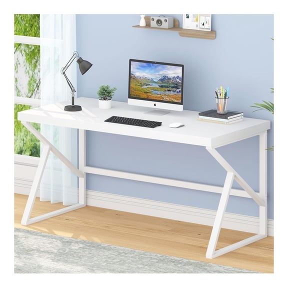 White Computer Desk, Modern Wood Home Office Desk, PC Desk for Executive Work Writing Study Gaming Student Bedroom, Farmhouse Simple Wooden and Metal Computer Table Workstation, White Oak 55 Inch