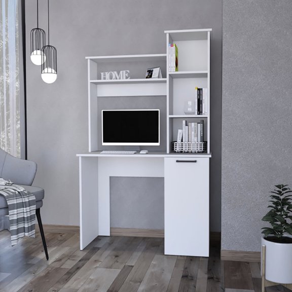 White Computer Desk With 3 Shelves And Organized System Office In For Neat Workspace