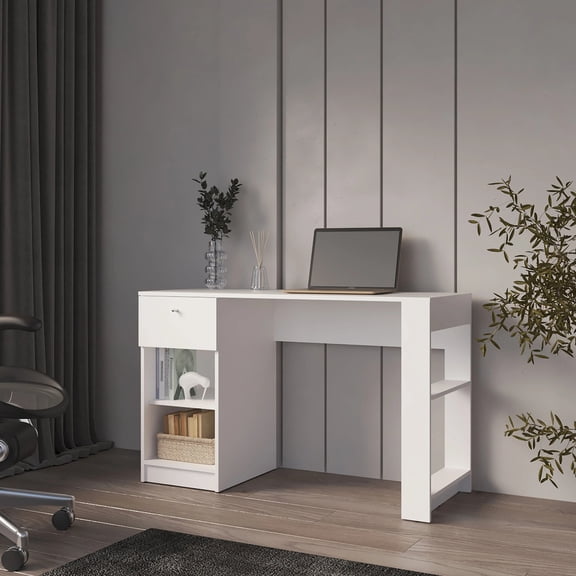 White Computer Desk With Open Storage Architecture And Convenient Drawer Framework Organizing