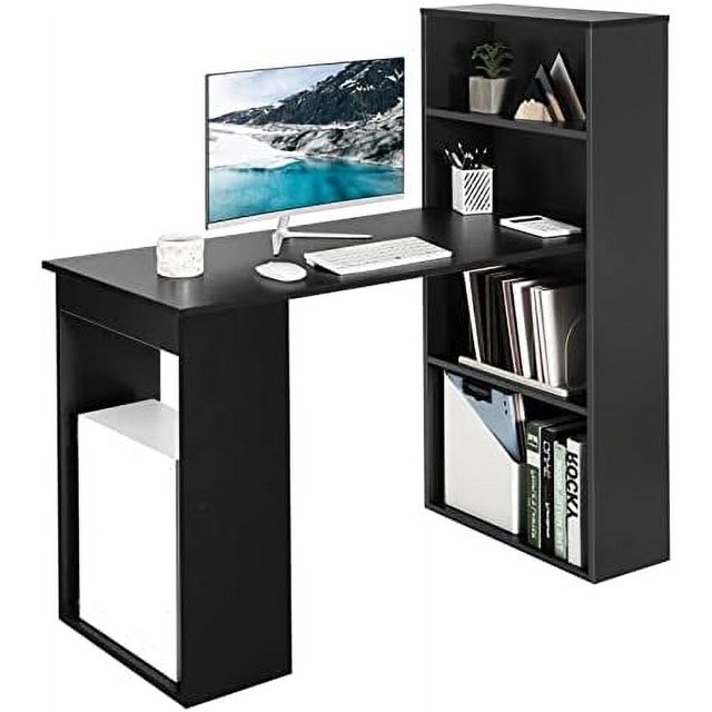 White Computer Desk w/Bookshelf Office Desk w/ Shelves & CPU Stand