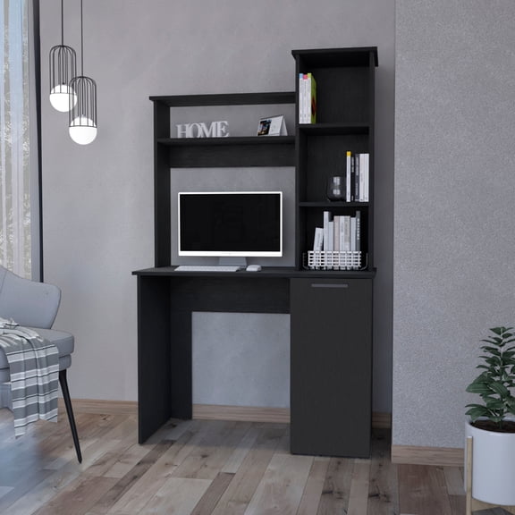 White Computer Desk with 3-Tier Shelves and Single-Door Cabinet / Organize Office Items Efficiently