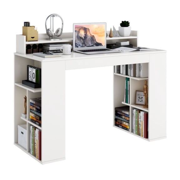 White Computer Desk with Bookshelves & Monitor Shelf - Home Office Desk with Storage - 47" Writing Desk with 3 Tier Bookcase - Modern Study Desk