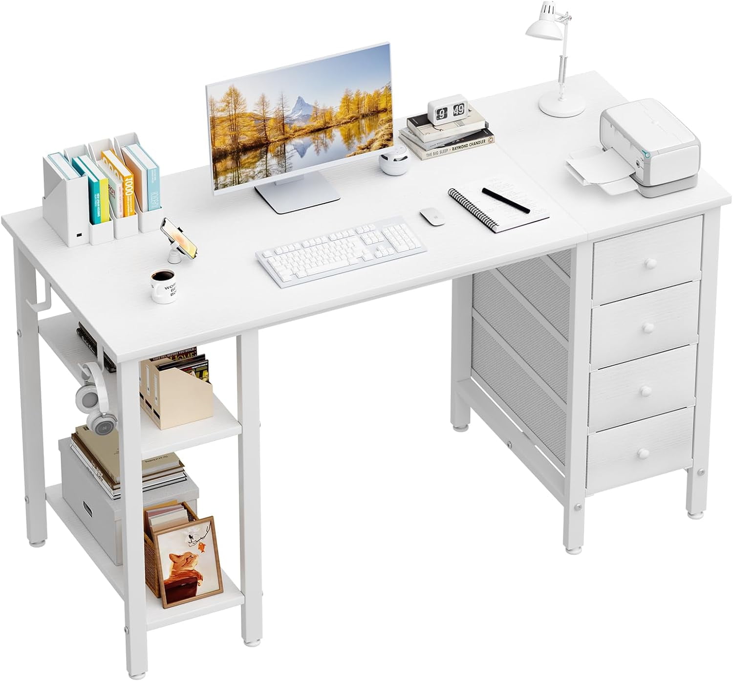 White 47" Computer Desk with Drawers and Power Outlet