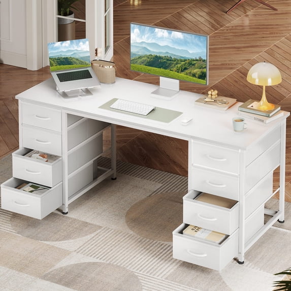 Computer Pet Making White Computer Desk with Drawers for Storage - 55 inch Home Office Desk ...