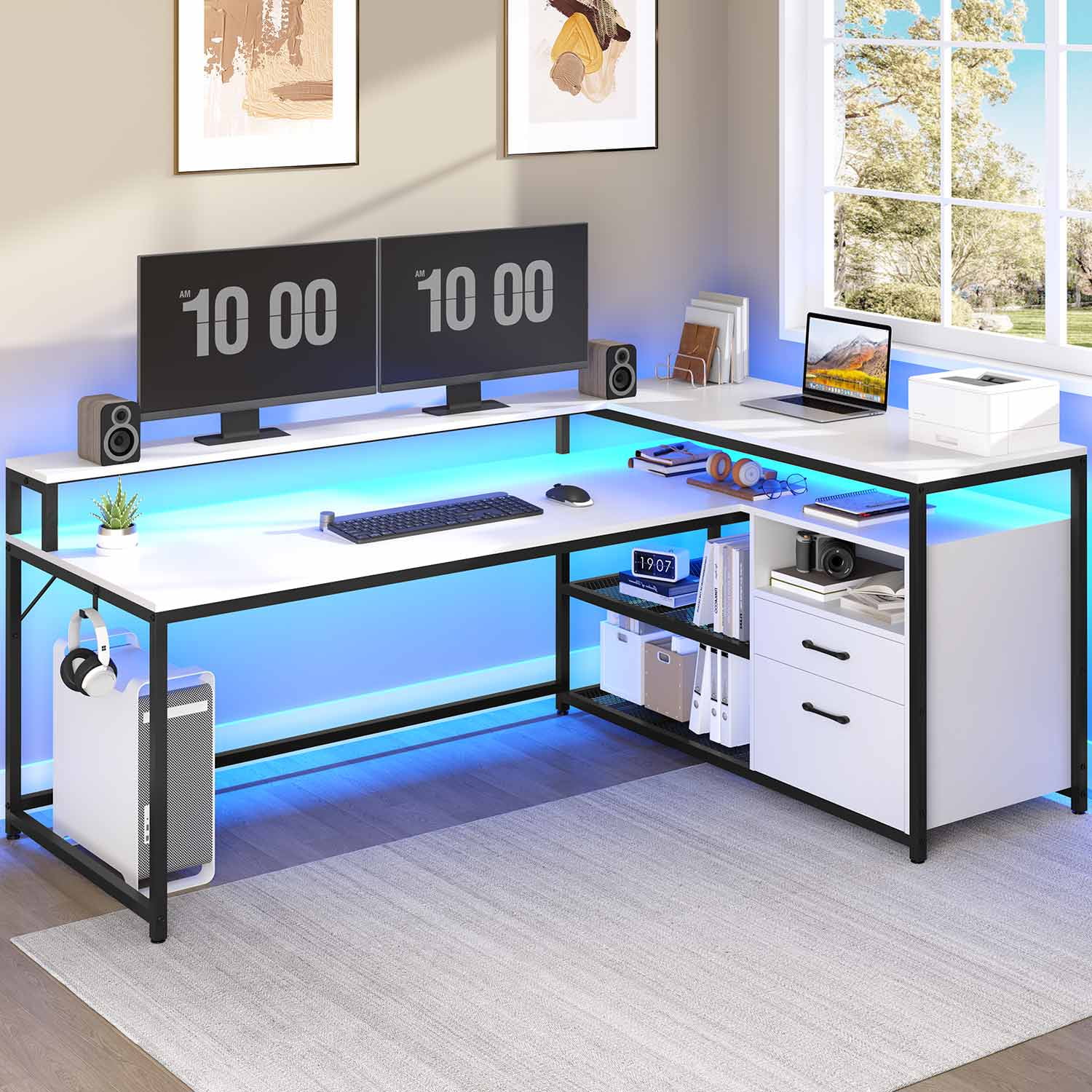 White Computer Desk with File Drawers LED Lights 55 L Shaped Gaming Desk with Headphone Hook Monitor Shelf for Home Office