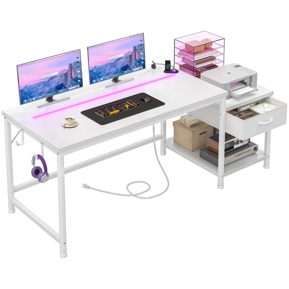 White Computer Desk with Printer Shelf & LED Strip, Home Office Desk