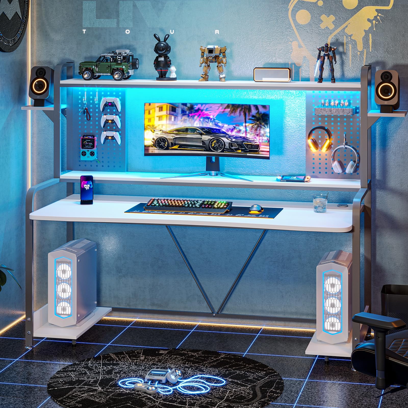 White Computer Gaming Desk with LED Lights&Hutch, 55" Large PC Gamer