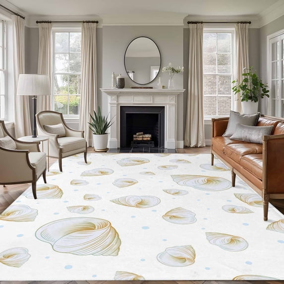 White Conch Coastal Area Rugs 5'x7', Washable Small Throw Rugs for Laundry Room Playroom, Nautical Summer Beach Ocean Sea Indoor Outdoor Rug Non-Slip Low Pile Carpet Runner Reversible Floor Mats