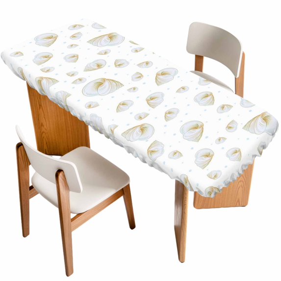 White Conch Coastal Table Cloths for 8 Foot Rectangle Tables, Nautical Summer Beach Ocean Sea Patio Waterproof Elastic Fitted Tablecloths, Washable Rectangular Table Cover for Camping