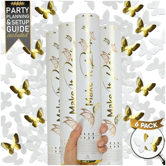 White Confetti Cannons Butterfly Shaped 6 Pack White and Gold