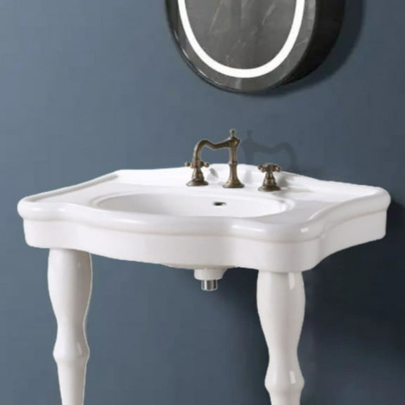 White Console Sink Basin Only 32.5" W x 6" H w/Counterspace, Backsplash, Overflow and 8" Widespread Faucet Bathroom Sink Tap Holes, Legs Not Included| Renovators Supply