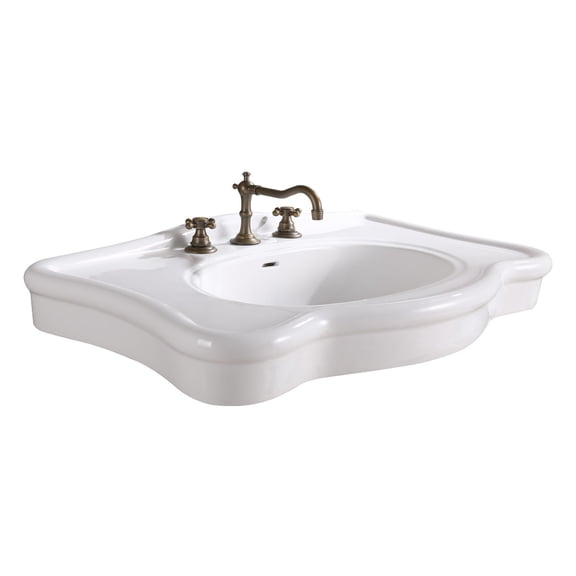 White Console Sink Basin Only 32.5" W x 6" H w/Counterspace, Backsplash, Overflow and 8" Widespread Faucet Bathroom Sink Tap Holes, Legs Not Included| Renovators Supply