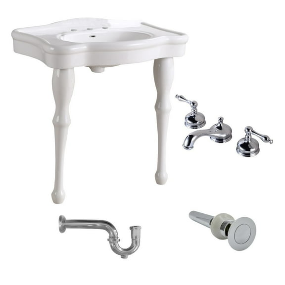 White Console Sink China Two Spindle Legs with 8" Faucet & P-Trap