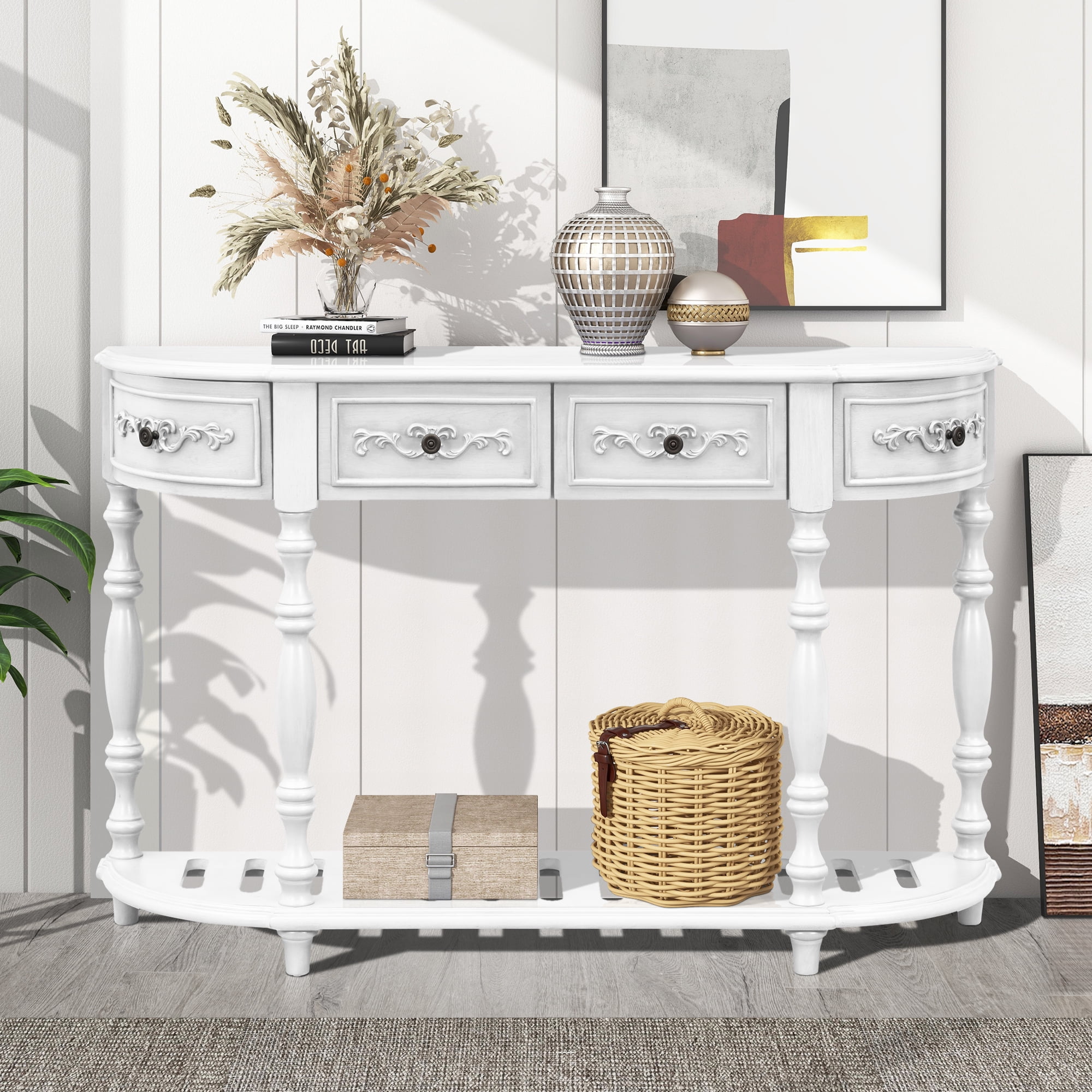 White Console Table with 4 Drawers, Atumon Sofa Side Table, Vintage