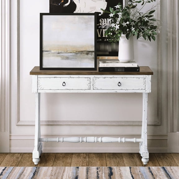 White Console Table with Two Spacious Drawers | Store Small Daily Essentials in Primary Area | Wooden Side Glides for Smooth Operation | DT French Front for Aesthetic Appeal