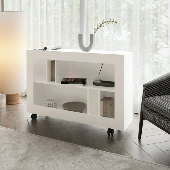 White Console Table With Wheels And Convenient Open Storage Designs Sleek Modern In Easy Movement