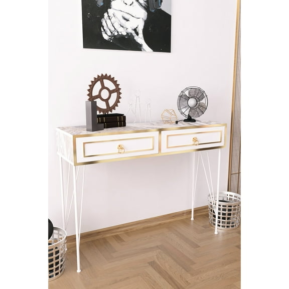White Console Table With Wood Base And Metal Legs, 47 In. Depth, 14 Width, 35 Height White, 47.5 14.38 35.48
