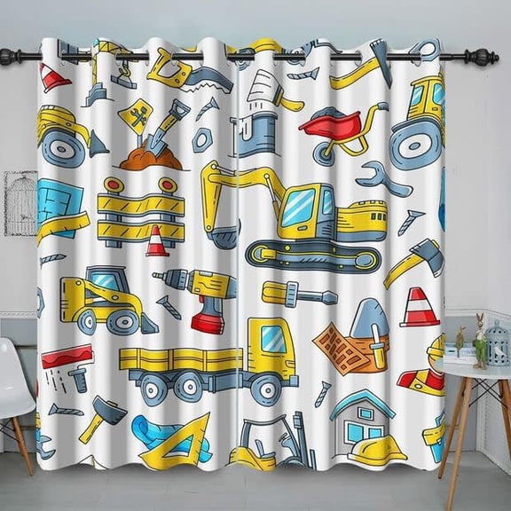 White Construction Theme Blackout Curtains Cartoon Excavator Trucks Tractor Window Drapes for Boys Bedroom Construction Equipment Grommet Curtain for Kids Room 42"W x 63"L (Pack of 2)