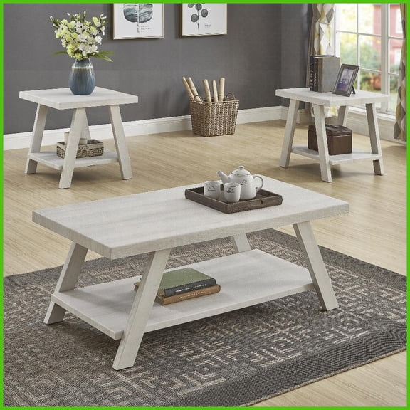 White Contemporary Coffee Table Set with 2 Matching End Tables Space-Saving Shelf & Wide-Angle Legs for Living Room