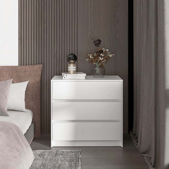 White Contemporary Wood 3 Drawer Dresser with Silent Metal Slide Rails Wide Flat Top Bedroom Storage Chest