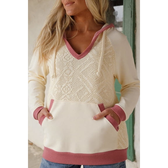 White Contrast Trim Crochet Knit Patchwork Exposed Seam Hoodie