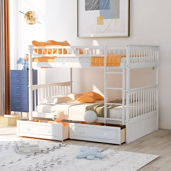 White Convertible Bunk Bed with Storage Drawers, Solid Wood Kids Bed, 2-in-1 Space Saving Design
