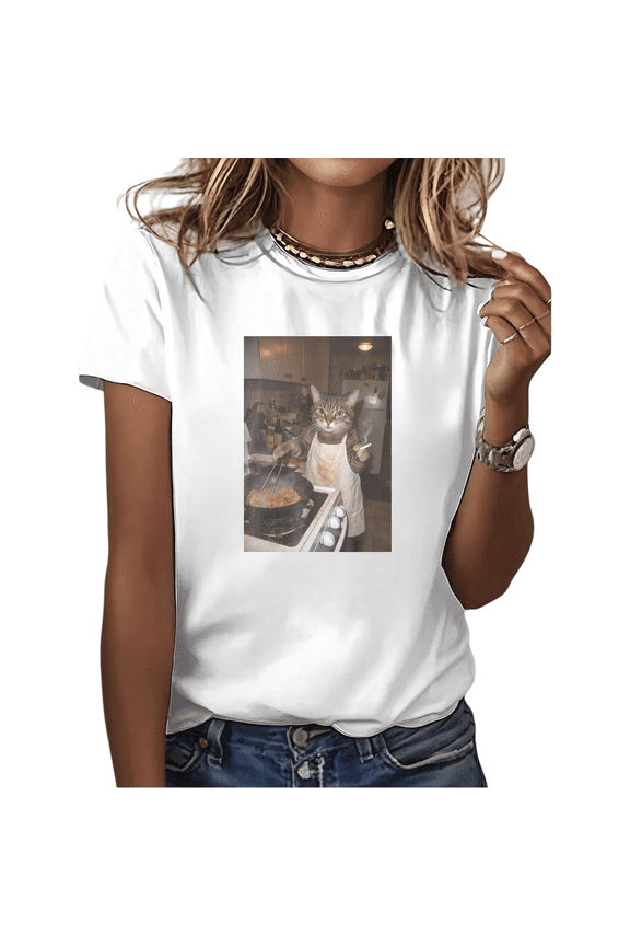 White Cooking Cat Chef With Cigarette Funny Meme Graphic Tees Print Tshirt Shirts Humorous Cat Lover Tops S-5XL