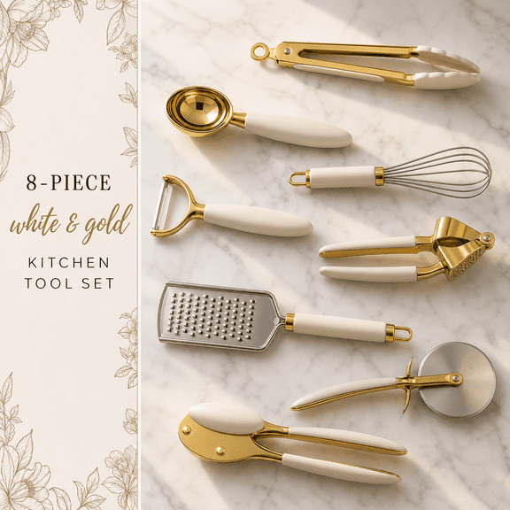 White & Cooking Utensils Set - Luxe 8-piece Kitchen Gadget Includes Can Opener Tongs And Garlic Press Stylish Accessories For Modern Kitchens Ideal Gifting