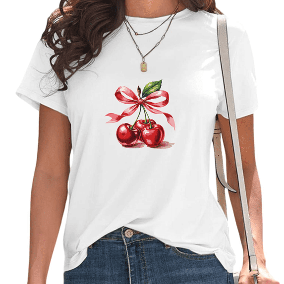 White Coquette Cherry Bow Print T-Shirt Women's Casual Loose Fit Short Sleeve Romantic Fruit Aesthetic Summer Graphic Tee S-5XL