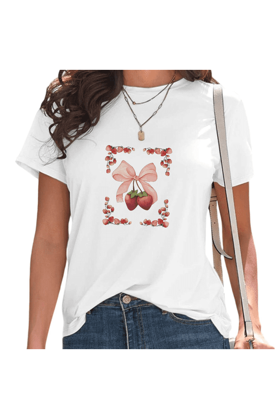 White Coquette Strawberry Bow Floral Frame Print T-Shirt Women's Casual Loose Fit Short Sleeve Romantic Fruit Aesthetic Summer Graphic Tee Tops S-5XL