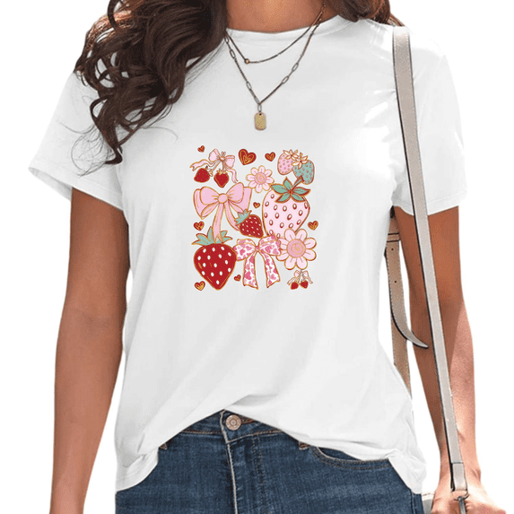White Coquette Strawberry Bow Floral Print T-Shirt Women's Casual Loose Fit Short Sleeve Romantic Fruit Aesthetic Summer Graphic Tee Tops S-5XL