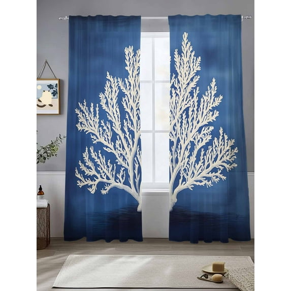 White Coral Sheer Curtains for Living Room Bedroom Coastal Ocean Summer Marine Oil Painted Sheer Curtains 84 Inch Long 2 Panels Set Light Filtering Curtain Window Treatments Drapes for Dining Room