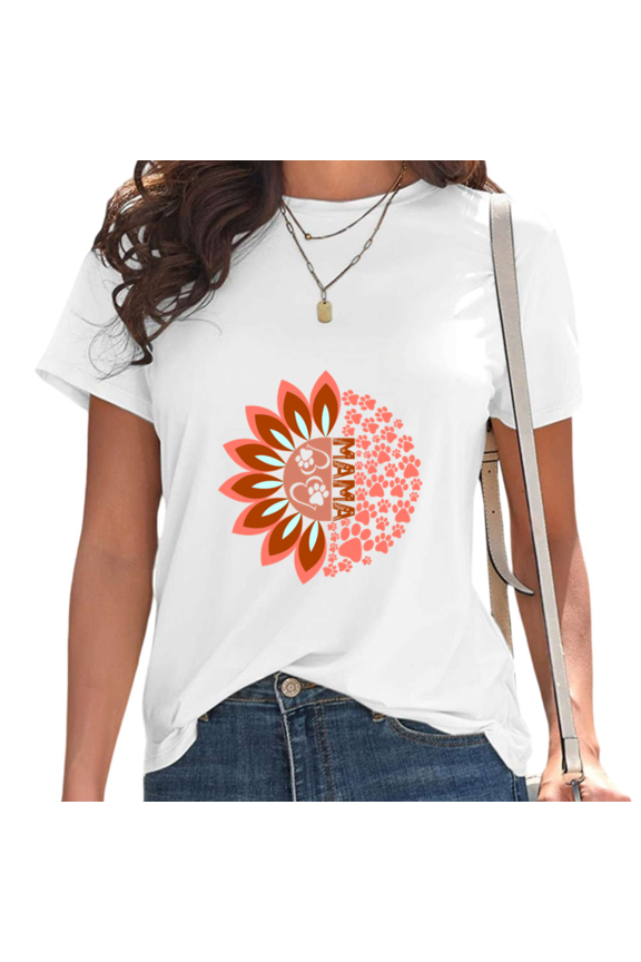 White Coral Sunflower Paw Print Pet Mama Tshirt Graphic Tees Shirts Boho Pet Parent Floral Birthday Gift Casual Wear Tops S-5XL