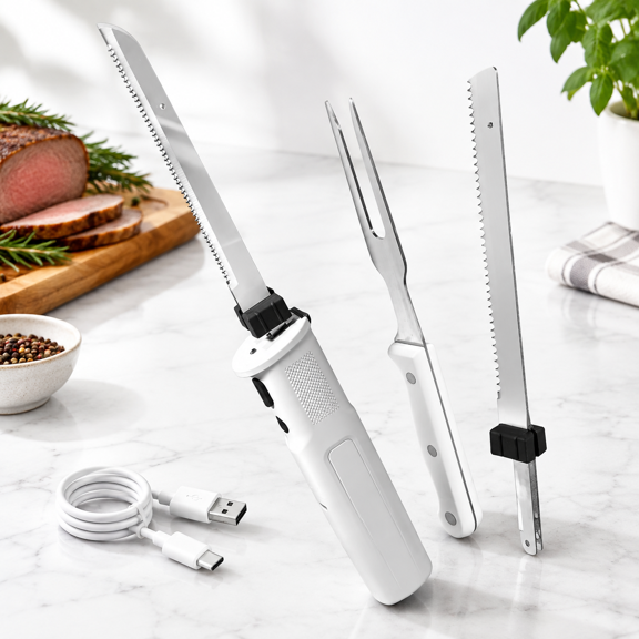 White Cordless Electric Food Slicer for Meat, Bread, Turkey, Fish and Cakes