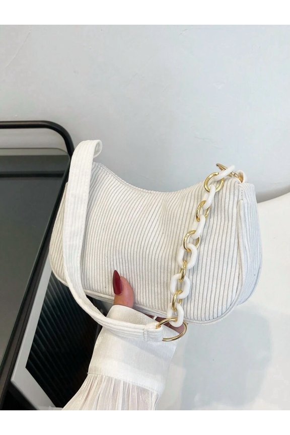 White Corduroy Saddle Shoulder Bag With White Chain Strap